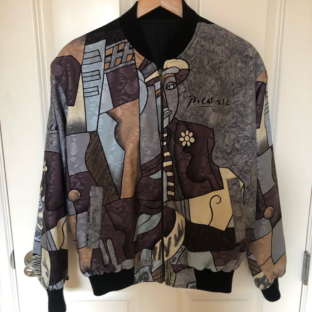 Vintage Y2K Picasso Bomber Jacket. Reversible Blue print/Black Solid.